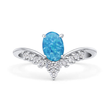 V Midi Chevron Oval Thumb Ring Statement Fashion Ring Lab Created Blue Opal 925 Sterling Silver